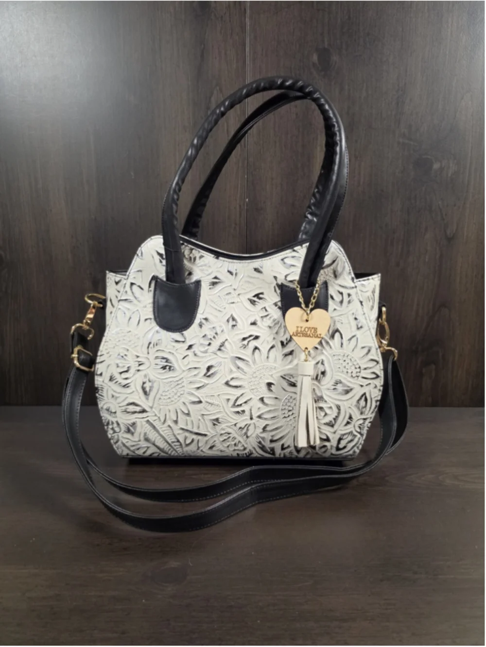 Black White Silver Embossed Tooled Artisan LEATHER Shoulder Bag Purse Crossbody